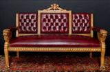 358 - Three Piece Oak Parlor Suit, heavily carved, lions head on arms, burgundy color leather upholstery, by R,J. Horner, ca. 1890