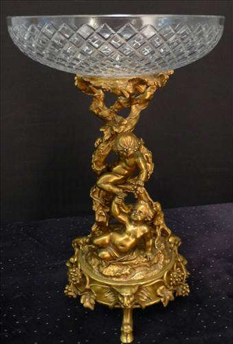 360 - Dore Bronze Center Piece, cupids climbing tree base, glass bowl, stands 14in. T, ca. 1880.