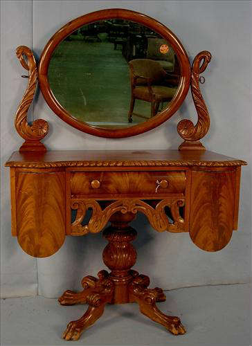 361 - Mahogany Empire Dressing Table with acanthus carved base and mirror arms, claw feet, 58in. T, 41in W, 22in. D, ca. 1880.