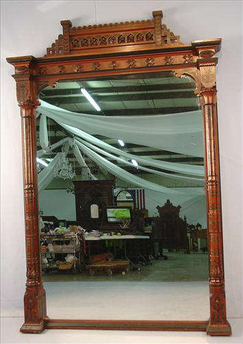 363 - Oversize Walnut Esthetic Movement Over the Mantle Mirror, 93in. T, 63in. W, ca. 1875, solid wood back, great mirror.