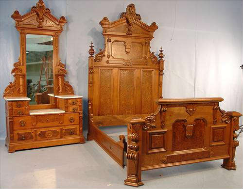 370 - Victorian Walnut Renaissance Matching Bed and Dresser, burl trim headboard, carved crest top and footboard, marble top dresser.