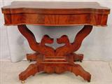 372 - Empire Flame Mahogany Game Table, double carved pedestal on 4 footed base, ca. 1875, 29in. T, 36in. W.