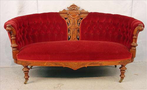 381 - Walnut Victorian Love Seat, red velvet upholstery, burl trim, att. To John Jelliff, curved arms, ca. 1870.