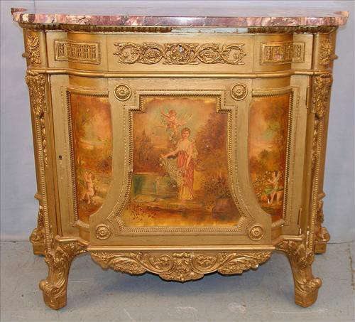 384 - French Marble Top Commode, purple colored marble, hand painted garden scene.