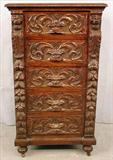 382 - Solid Oak Drawer Chest, heavily carved, 42in. T, 24in. W, 19in. D, original finish, ca. 1880.