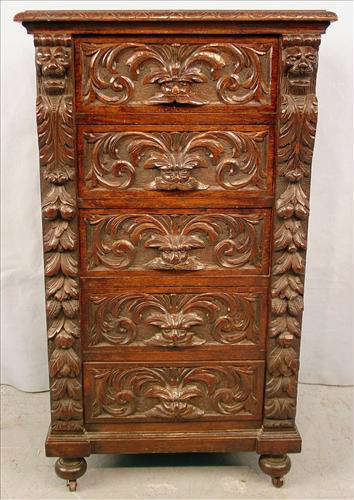 382 - Solid Oak Drawer Chest, heavily carved, 42in. T, 24in. W, 19in. D, original finish, ca. 1880.