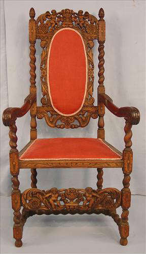 387 - Mahogany Throne chair with cupids, barley twist arms and back, 50in. T, 24in. W, 19in. D.