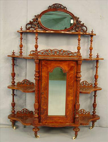 391 - Small Burl Walnut Etagere with mirrors in crown and door, all original, 56in. T, 43in. W, 13in. D, ca. 1875.