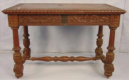 394 - Solid Oak Library Table, heavily carved on all sides and top, original finish, 2 drawers, ca. 1890, att. Horner, 30in. T, 44in. W, 26in. D.