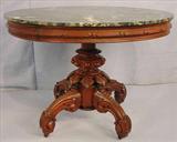 398 - Round Walnut Victorian Center Parlor Table, heavily carved base, green marble top, att. Thomas Brooks, 29in. T, 39in. Dia.