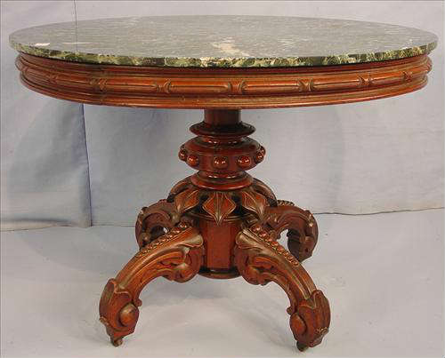398 - Round Walnut Victorian Center Parlor Table, heavily carved base, green marble top, att. Thomas Brooks, 29in. T, 39in. Dia.