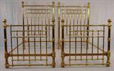 399 - Pair of Heavy Brass and Iron Twin Beds, high head boards, curved foot boards, ca. 1880, 66in T, 40in. W, 74in. L.