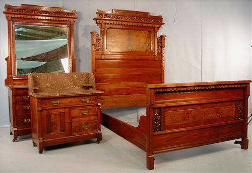 400 - Victorian Eastlake Walnut 3 Piece Bedroom Set, bed., 83in. T, 76in. L, 53in. W., MT dresser 85in. T, 48in. W, MT washstand, 39in. T, 36in. W, original finish, ca. 1885.