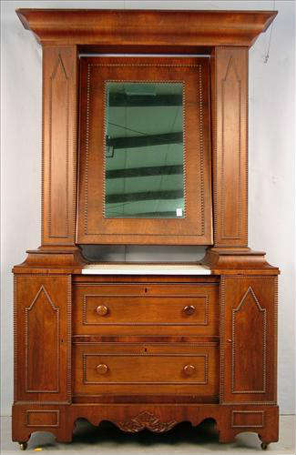 401 - Empire Rosewood Wig dresser, pie crust edging and decoration, beading around mirror, marble insert with 2 drawers, ca. 1850, 84in. T, 49in. W, 21in. D.