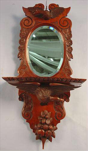 405 - Oak Mirrored Wall Shelf with 2 carved eagles, fruits, nuts and flowers, ca. 1890, 36in. T, 18in. W.