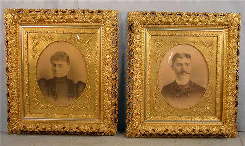 406 - Pair of Very Ornate Victorian Picture Frames, gold gilt with pictures of husband and wife, ca. 1870, 37in. T, 32in. W.