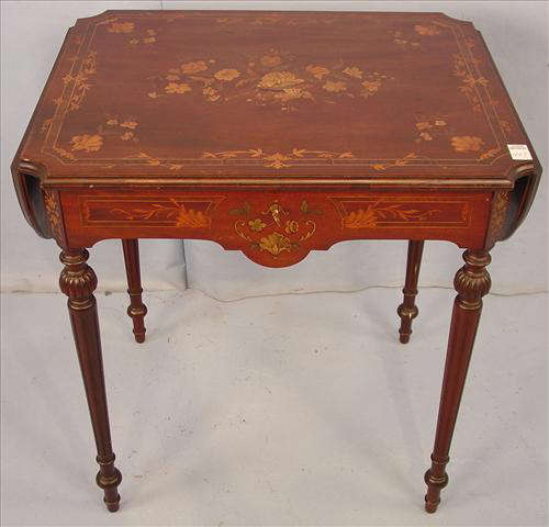 443 - Mahogany Drop Leaf Lamp Table with inlay top and on front with drawer ornately decorated, ca. 1920, made by Aimone M.F.G. New York, 29in. T, 44in. W, 22in. D.