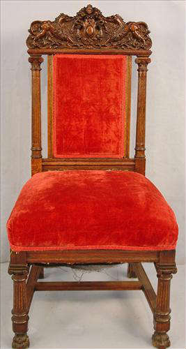 430 - Carved Oak Library Chair with red upholstery, 44in. T, 21in. W, 19in. D.