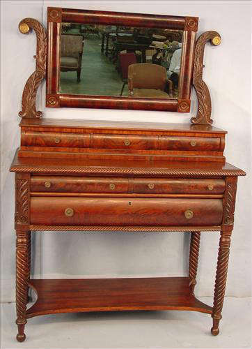 429 - Empire Flame Mahogany Dressing Table with acanthus carved arms for mirror, ca. 1845, 64in. T, 43in. W, 21in. D.