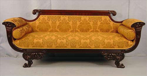 458 - Mahogany Empire Sofa with gold floral upholstery, ca. 1845, 34in. T.