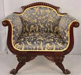462 - Mahogany Empire Parlor Chair with winged legs, blue and gold floral upholstery, gadrooned back, ca. 1880, 33in. T, 34in. W, 21in. D.