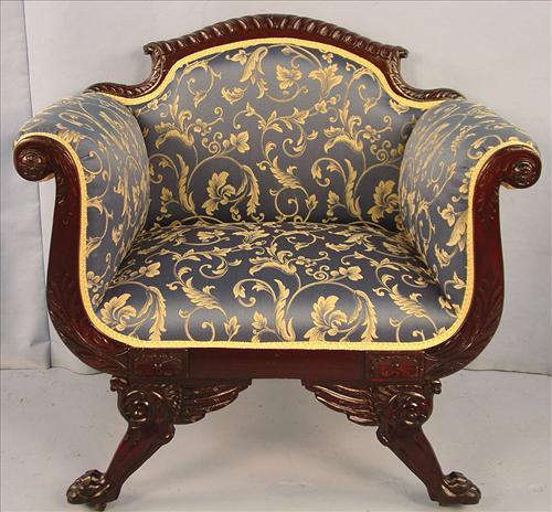 462 - Mahogany Empire Parlor Chair with winged legs, blue and gold floral upholstery, gadrooned back, ca. 1880, 33in. T, 34in. W, 21in. D.