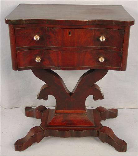 459 - Mahogany 2 Drawer  Empire Work Table with glass pulls, ca. 1860, small chips in veneer , 28in. T, 23in. W, 16in. D.