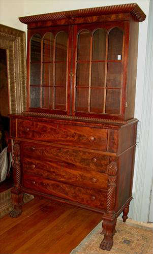475 - Federal Mahogany Secretary Desk in original finish, carved crown molding, 7ft. T, 48in. W, 23in. D, ca. 1830.