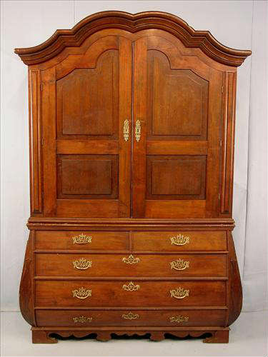 492 - Early Dutch Walnut Linen Press with Bombay base, pegged together, ca. 1820, 88in. T, 60in. W, 21in. D.