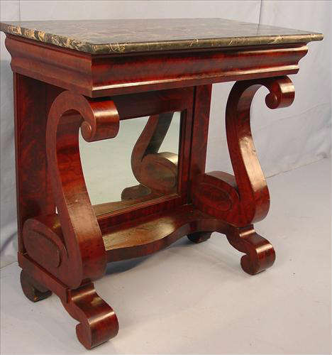 479 - Period Mahogany Pier Table, scroll feet and front, black and gold marble, att. to Meeks, 38in. T, 40in. W, 17in. D.