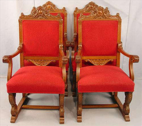 493 - Set of 4 Oak Carved Arm Chairs, carved crown and legs, 57in. T, 26in. W, 20in. D, ca. 1890, red upholstery.