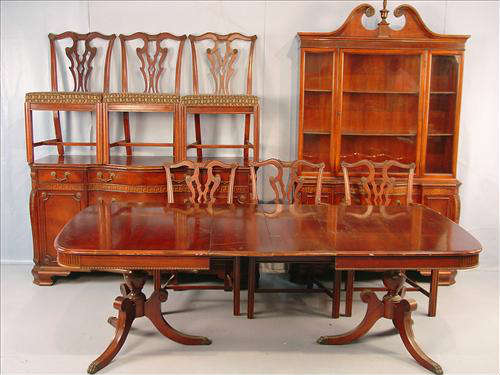 495 - Mahogany 9 pc. Dining Room Set with Greek key trim, table with 2 leaves, 6 chairs, sideboard and china cabinet, ca. 1935, table, 7ft. 3in. L, 42in. W.