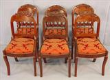 520 - Set of 6 Mahogany Empire Chairs with spindle back, carved crowns, red and gold upholstery.