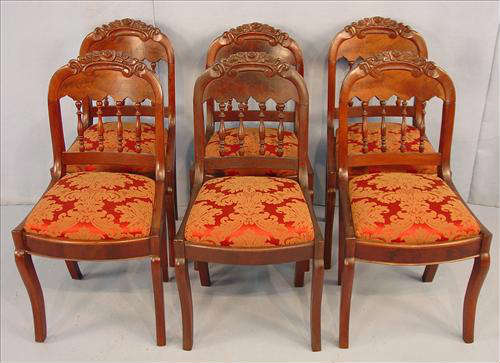 520 - Set of 6 Mahogany Empire Chairs with spindle back, carved crowns, red and gold upholstery.