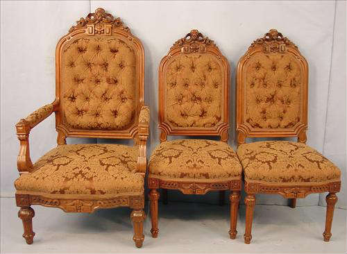 524 - Set of 2 Walnut Victorian Parlor Chairs, 1 arm and 2 sides, beautiful carved crown and sides, brown floral upholstery, arm chair- 45in. T, 25in. W, 24in. D.