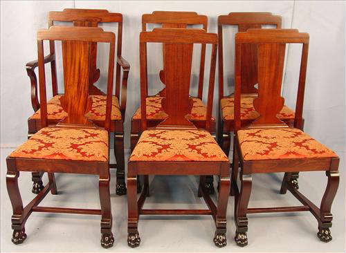 525 - Set of 6 Mahogany Empire Revival Dining Chairs with 1 arm chair, claw feet, red and gold upholstery, arm chair - 29in. T, 23in. W, 17in. D.