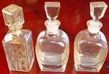 114 - Set of 3, Pressed glass Liquor Bottles with stoppers, Rye, Scotch and Whiskey