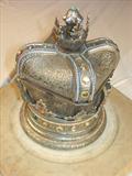 125 - German Silver, Jeweled Crown Music Box with marble base and glass dome