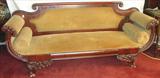 139 - Federal, Mahogany, Sofa with cornucopia-carved arms green upholstery, 86in. long