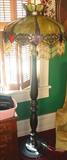 156 - Mahogany Pole Lamp with Slag-glass, Art Nouveau Shade