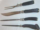 197 - 4-pc., Carving Set with stag handles, 3 sterling cuffs