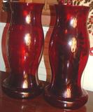 216 - Pair of Ruby Red, Hurricane Lamps