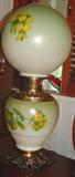 217 - Green GWTW Lamp with hand-painted, floral shade