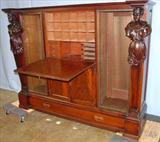 1300 - Mahogany, Secretary with fitted interior and Greek lady, carved columns.
