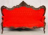 103 - Large rosewood laminated rococo sofa by Meeks, Hawkins Pattern, 49in. T, 71in. L, 29in. D, ca. 1855, red upholstery.