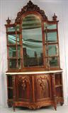 104 - Rosewood marble top rococo style etagere, nuts and fruit carving on doors, att. to Mitchell and Rammelsberg, 104in. T, 56in. W, 22in. D, ca. 1855, heavily carved crown.