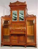 106 - Walnut Victorian cylinder roll secretary bookcase, gallery crown, ball and stick front gallery, 84in. T, 67in. L, 21in. D, ca. 1875.
