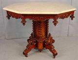111 - Mahogany octagon shaped center table, white marble, barley twist on center column, 29in. T, 39in. Dia., att. To A. Roux, ca. 1855, original etched marble.
