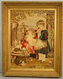 113 - Large Framed Victorian needlepoint of 2 children with animal, 52in. T, 41in. W, ca. 1880.