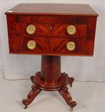 203 - Mahogany federal 2 drawer work table, big brass pulls, round pedestal base, 27in. T, 21in. W, 17in. D.